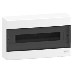   Lakáselosztó, falon kívüli, 18modul (1x18), füstszínű ajtóval, műanyag, PE/N sínnel IP20